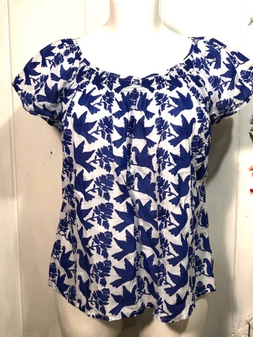 Old Navy Blue and White Floral Bird Peasant Blouse